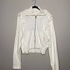 Free People Movement White So Cool Ruffle Shoulder Sweater Jacket Size Small